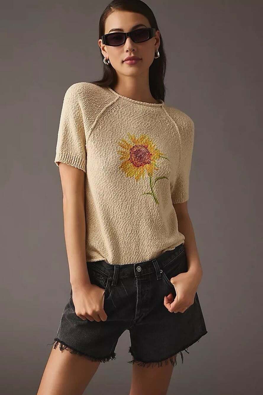 Pilcro Knit Sweater Roll Neck Short Sleeve Cotton Blend Beige Sunflower Print XL